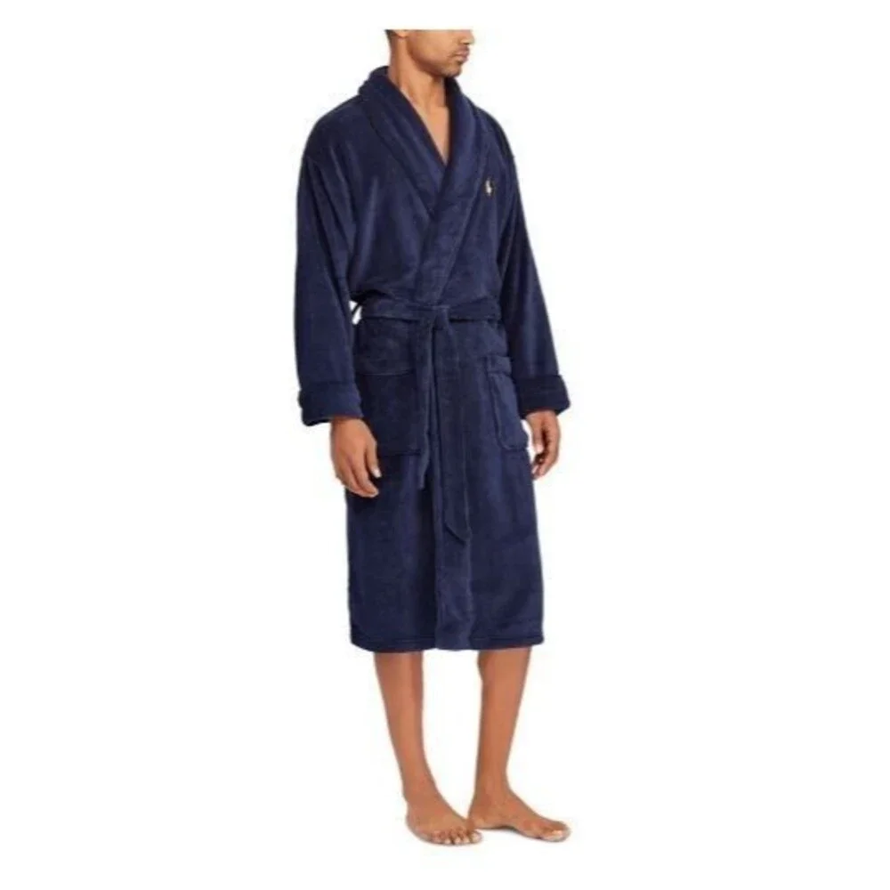Polo Ralph Lauren Bath Robe Pony Logo 100% Cotton Sleepwear Navy Blue Mens S/M